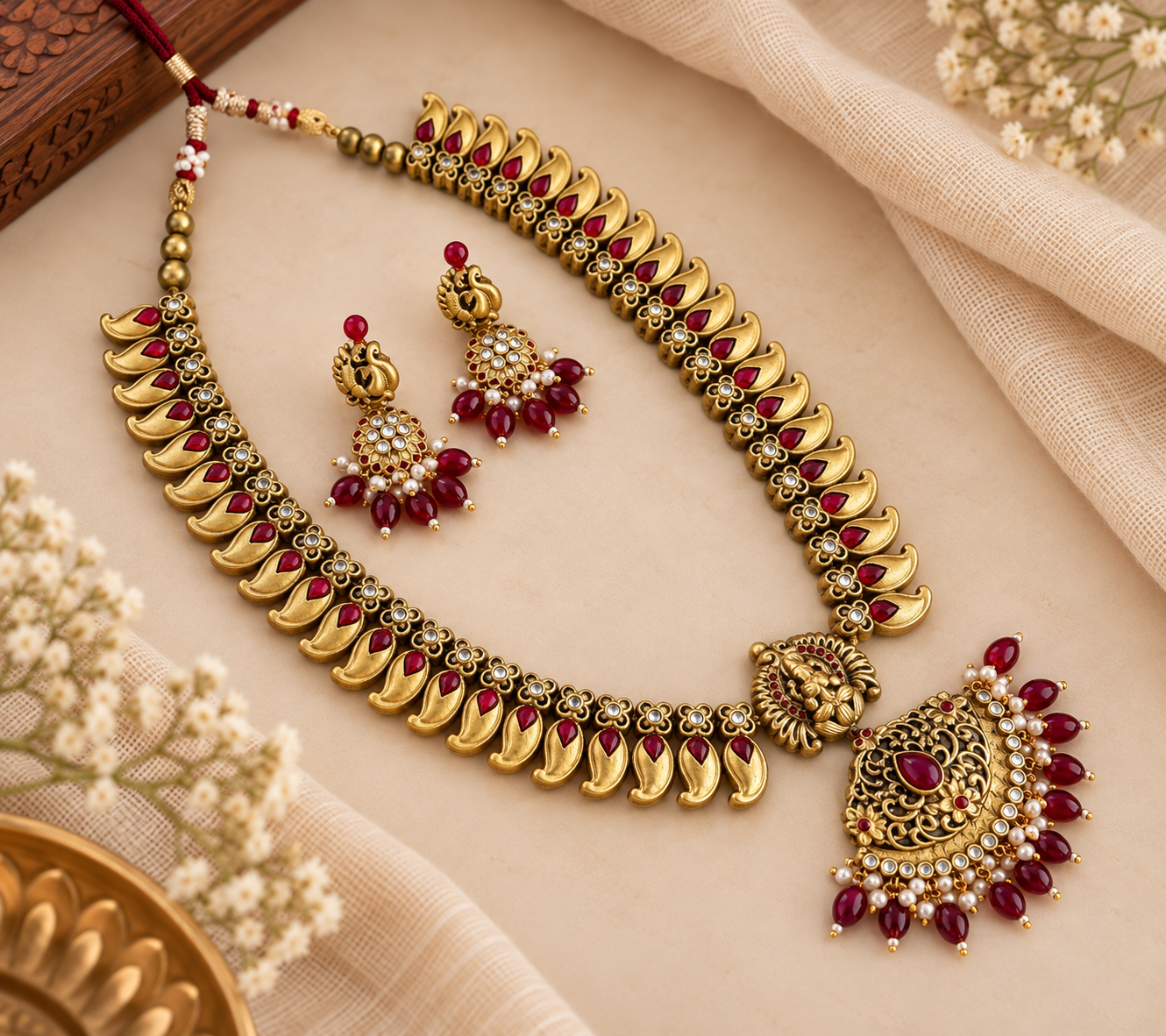 Ruby Mayura – Temple Jewellery Set