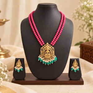 Saaral Pink Bead Temple Necklace Set