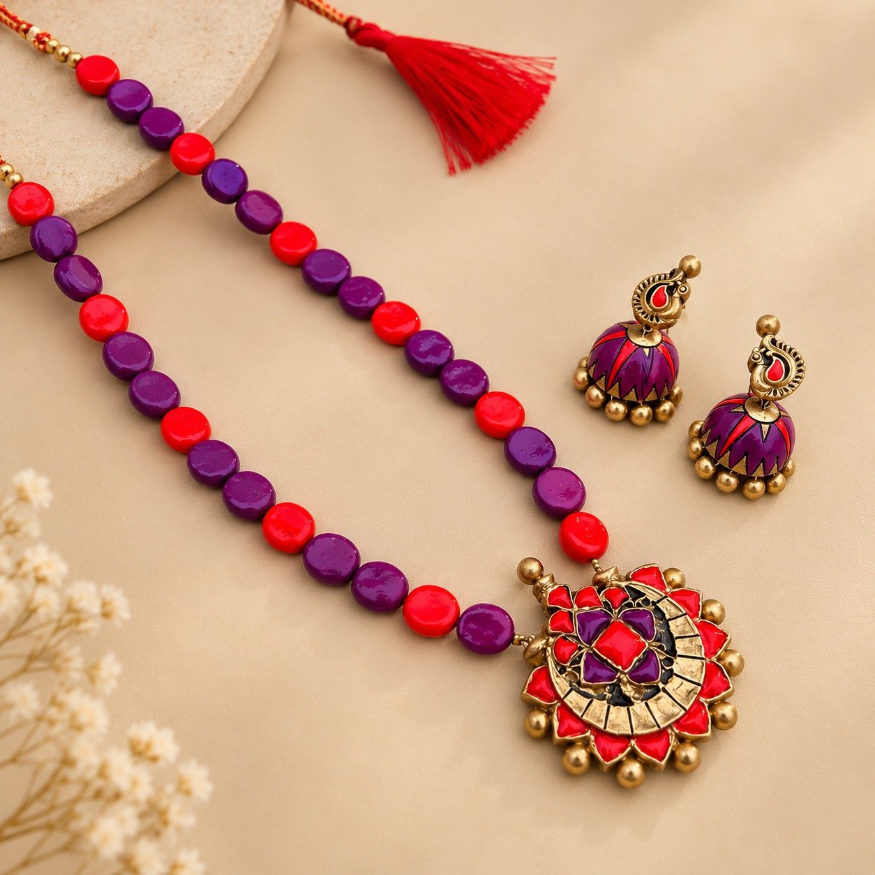 Vaanavil Purple & Coral Bead Set – handcrafted terracotta bead jewellery