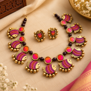 Matsyavalli – Pink & Orange Fish Motif Necklace Set