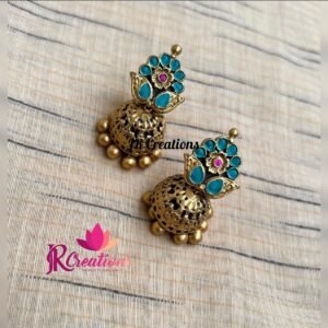 Turquoise Floral Antique Gold Terracotta Jhumka