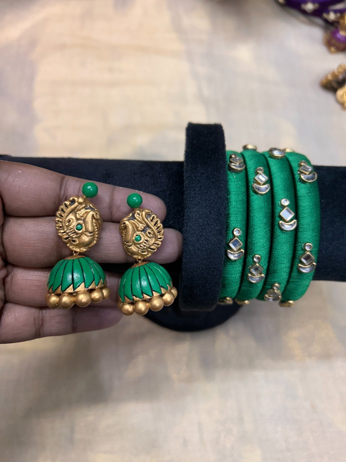 Silk Thread Bangle & Jhumka Combo – Green
