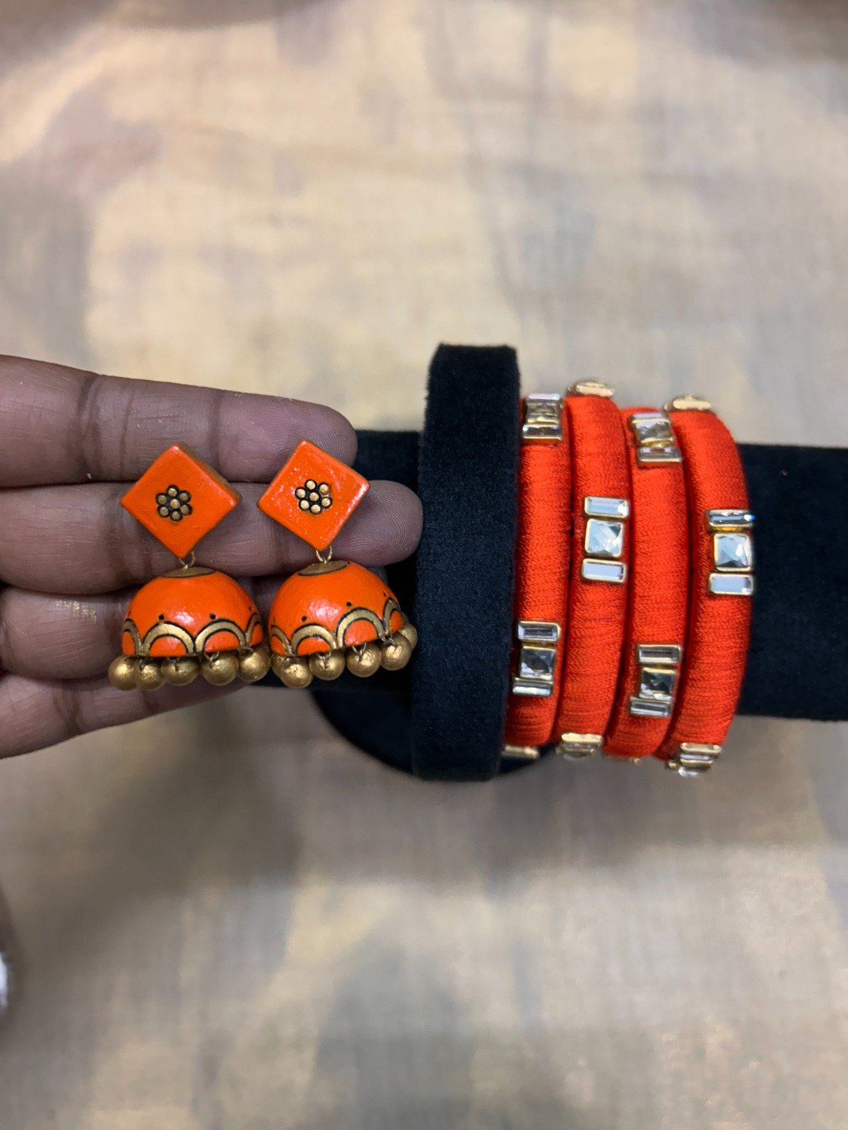 Silk Thread Bangle & Jhumka Combo – Orange