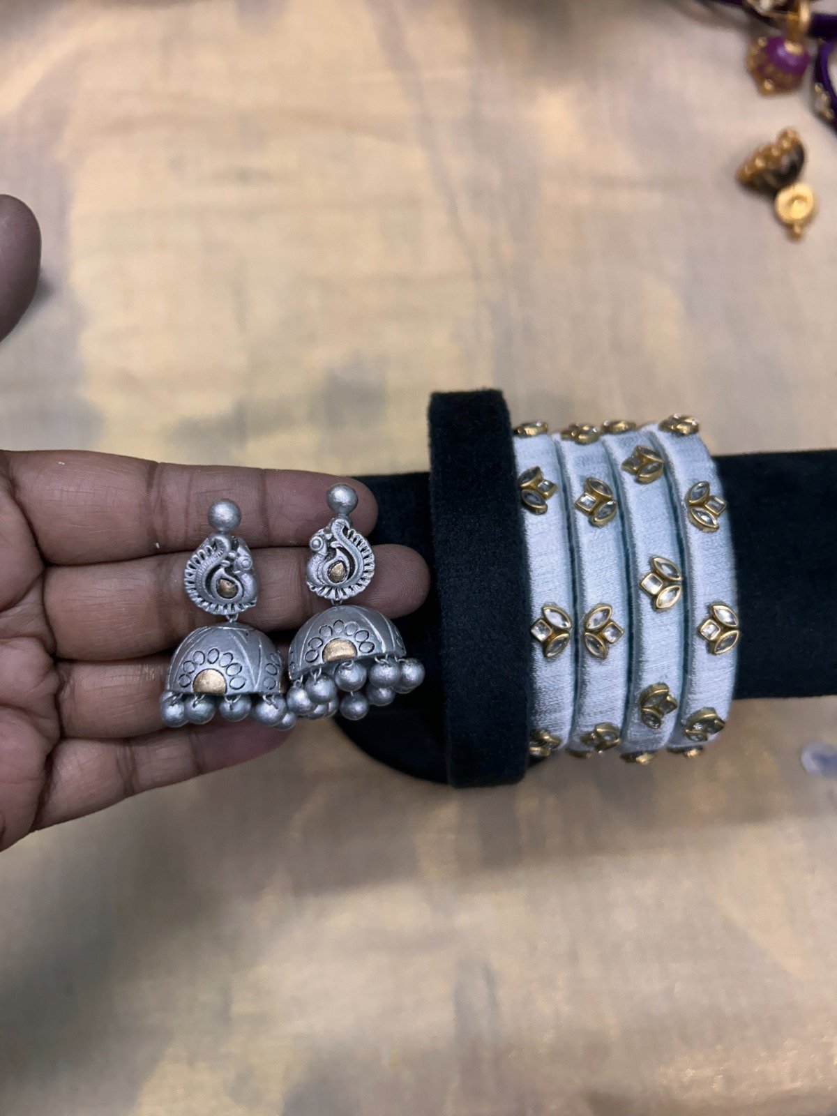 Silk Thread Bangle & Jhumka Combo – Silver
