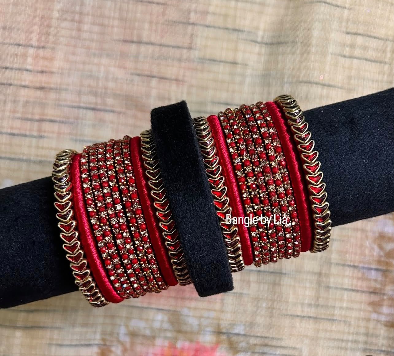 Red silk thread and stone bangle set