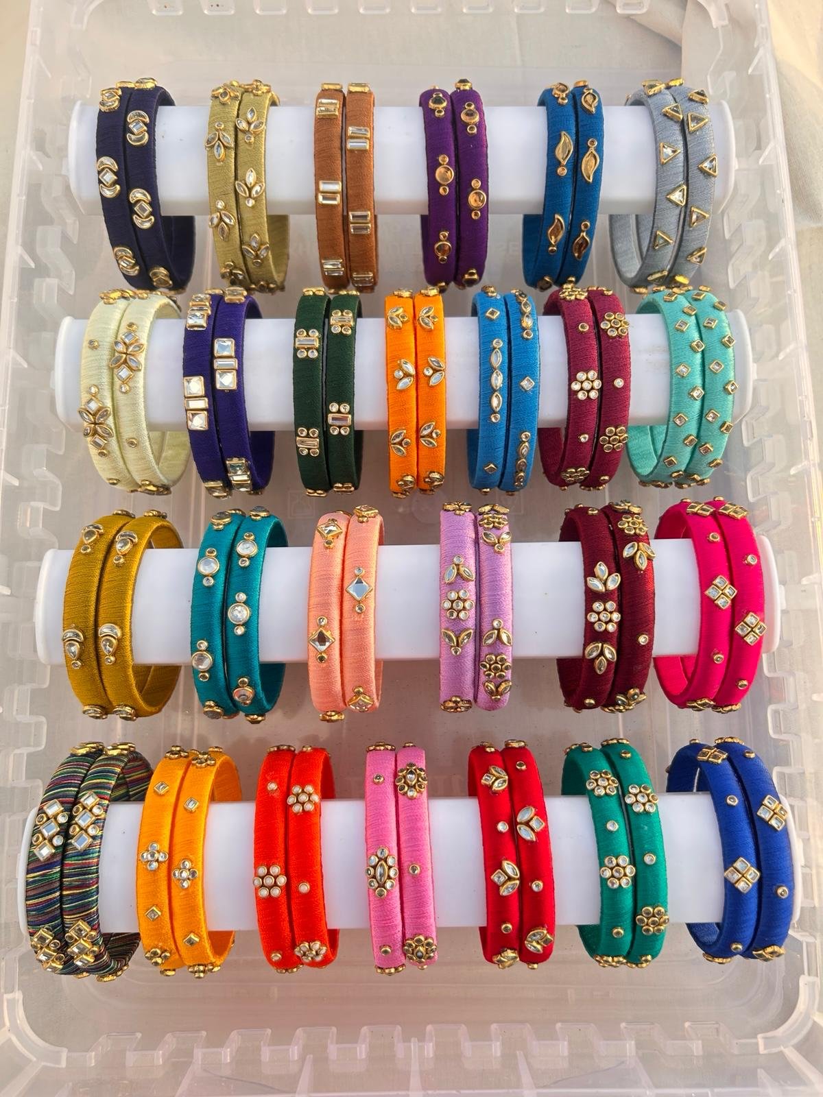 Pairs of silk thread bangles with Kundan stones in many colours