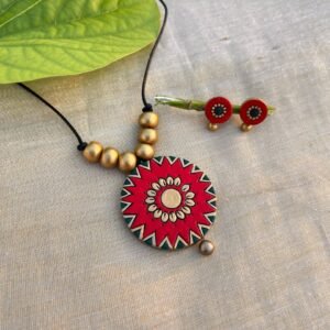 Red round terracotta sunflower pendant set with studs