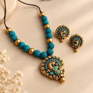 Turquoise and gold terracotta peacock pendant necklace set with peacock studs