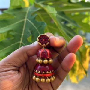 Red two-tier terracotta jhumka with star stud