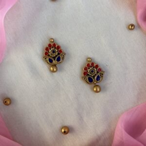 Antique gold terracotta flower studs with red and blue stones
