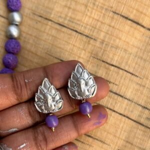 Silver terracotta Ganesha studs with purple bead
