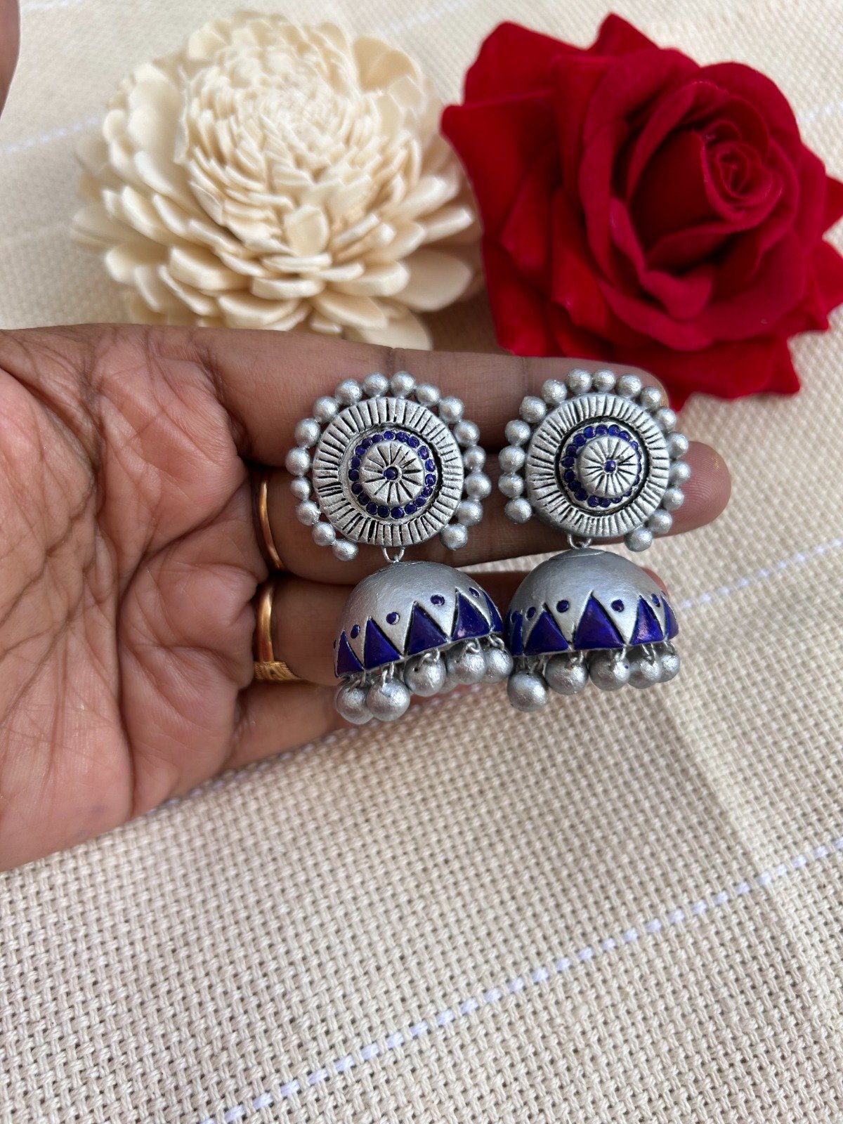 Silver and royal blue terracotta jhumkas