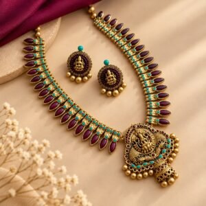 Antique gold terracotta haram with purple petals, turquoise dots and Lakshmi studs