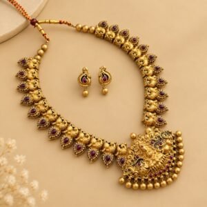 Maroon Peacock Lakshmi Necklace Set – handcrafted terracotta jewellery set
