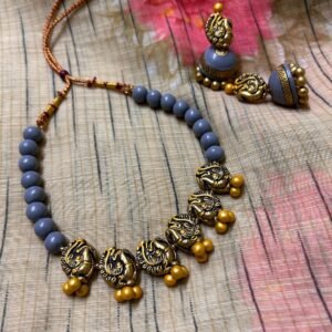 Grey and gold terracotta peacock necklace set