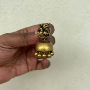 Antique gold terracotta jhumka with peacock stud