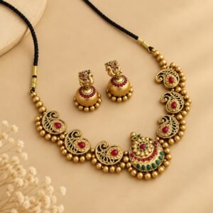 Peacock Lakshmi Haram with Green Drops – handcrafted terracotta jewellery set