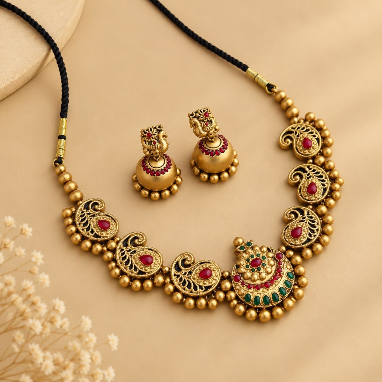 Peacock Lakshmi Haram with Green Drops – handcrafted terracotta jewellery set
