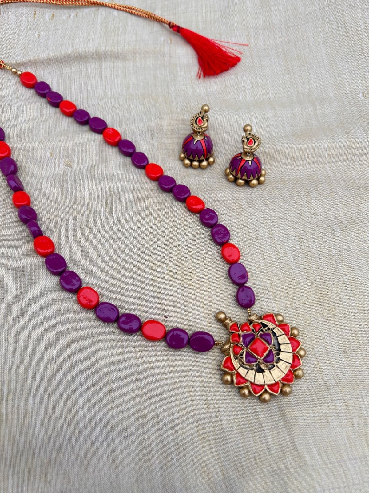 Vaanavil Purple & Coral Bead Set – handcrafted terracotta bead jewellery