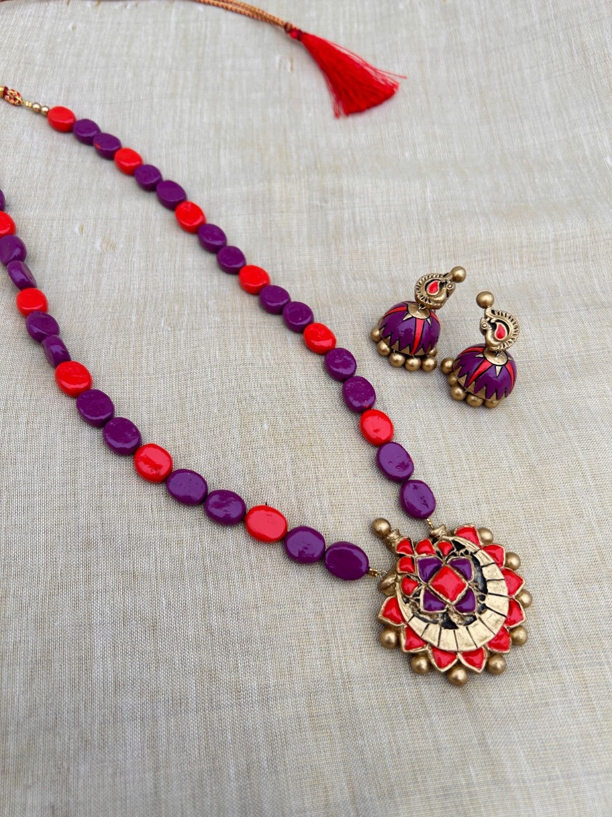 Vaanavil Purple & Coral Bead Set – handcrafted terracotta bead jewellery